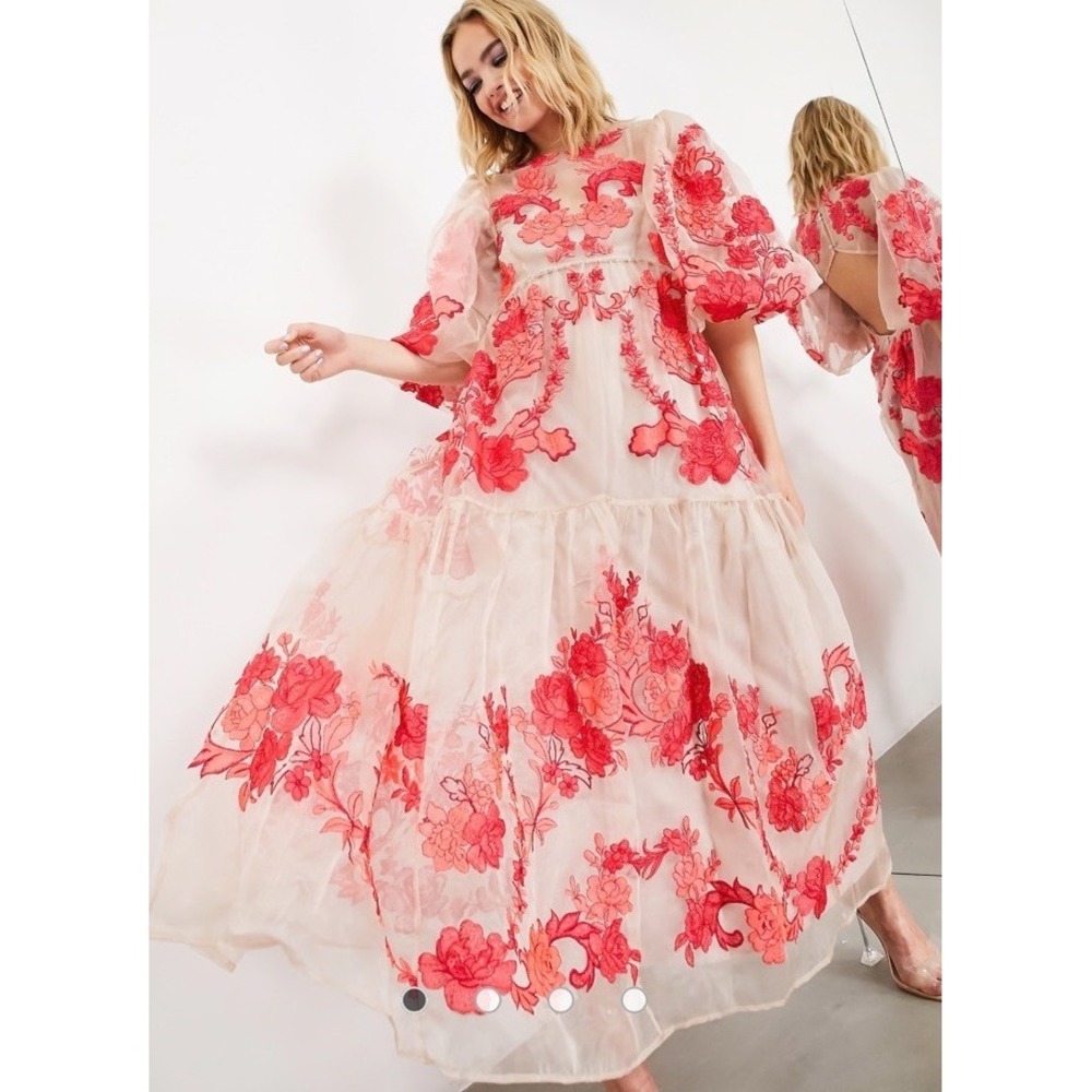 ASOS Edition NWT Organza Smock Maxi Dress Pink Floral Embroidery Princess Sz 4